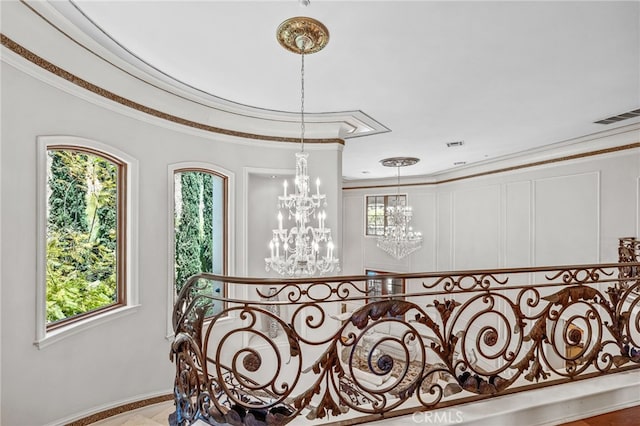 328 N Terrace View Dr, Monrovia, CA 91016 - hall featuring a chandelier, ornamental molding, and baseboards