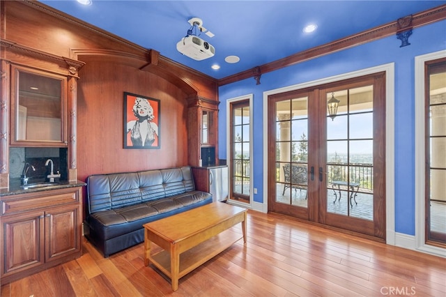 328 N Terrace View Dr, Monrovia, CA 91016 - living area with french doors, baseboards, wood finished floors, crown molding, and recessed lighting