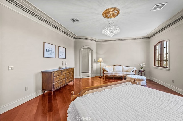 328 N Terrace View Dr, Monrovia, CA 91016 - bedroom with a chandelier, baseboards, crown molding, and wood finished floors