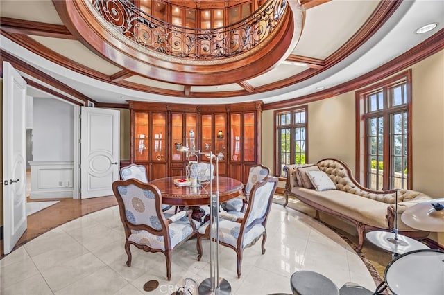 328 N Terrace View Dr, Monrovia, CA 91016 - dining area featuring ornamental molding, light tile patterned floors, coffered ceiling, french doors, and a decorative wall