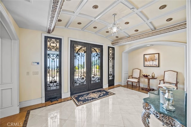 328 N Terrace View Dr, Monrovia, CA 91016 - entryway featuring coffered ceiling, baseboards, french doors, and inlaid floor details