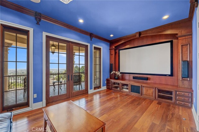 328 N Terrace View Dr, Monrovia, CA 91016 - home theater featuring ornamental molding, baseboards, hardwood / wood-style flooring, french doors, and recessed lighting