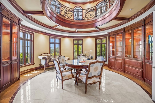 328 N Terrace View Dr, Monrovia, CA 91016 - dining space with inlaid floor details, ornamental molding, baseboards, french doors, and coffered ceiling