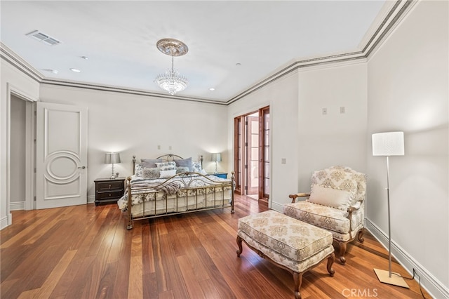 328 N Terrace View Dr, Monrovia, CA 91016 - bedroom featuring ornamental molding, hardwood / wood-style floors, baseboards, and a chandelier