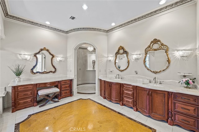 328 N Terrace View Dr, Monrovia, CA 91016 - bathroom with crown molding, recessed lighting, inlaid floor details, double vanity, and tile patterned flooring