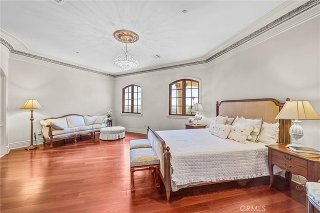 328 N Terrace View Dr, Monrovia, CA 91016 - bedroom with a chandelier, wood finished floors, crown molding, and baseboards