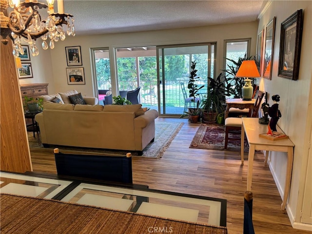 living room with plenty of natural light, wood finished floors, and a textured ceiling