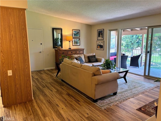 living room featuring a textured ceiling, wood finished floors, and vaulted ceiling