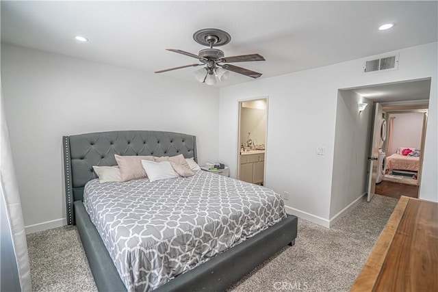18111 Erik Ct Unit 445, Canyon Country, CA 91387 - bedroom featuring carpet, baseboards, recessed lighting, a ceiling fan, and connected bathroom