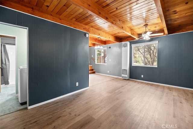 441 Sunset Ln, Sugarloaf, CA 92386 - unfurnished room featuring wood finished floors, stairs, a ceiling fan, beamed ceiling, and washer / dryer