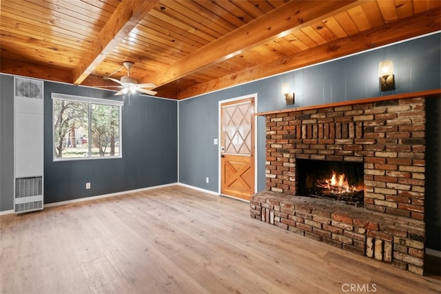 441 Sunset Ln, Sugarloaf, CA 92386 - unfurnished living room with a heating unit, baseboards, wood finished floors, beam ceiling, and ceiling fan
