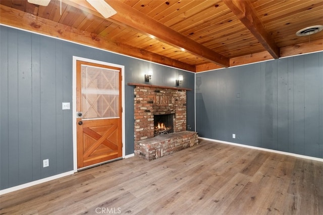 441 Sunset Ln, Sugarloaf, CA 92386 - unfurnished living room with beam ceiling, wood finished floors, wooden ceiling, a fireplace, and baseboards