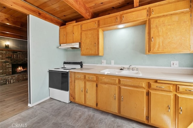 441 Sunset Ln, Sugarloaf, CA 92386 - kitchen with white range with electric stovetop, under cabinet range hood, wooden ceiling, beam ceiling, and a sink