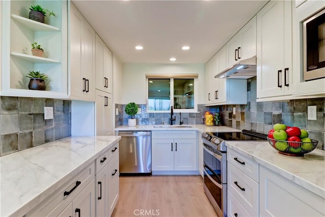 3364 Punta Alta Unit 1E, Laguna Woods, CA 92637 - kitchen with appliances with stainless steel finishes, a sink, under cabinet range hood, white cabinets, and light wood-style flooring