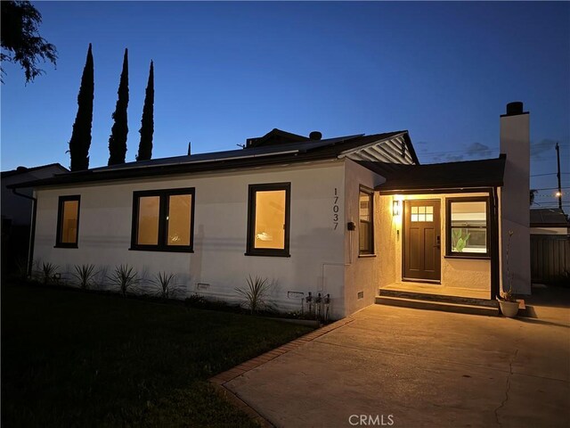 17037 Covello St, Van Nuys, CA 91406 - ranch-style house featuring crawl space, a front lawn, stucco siding, and a chimney