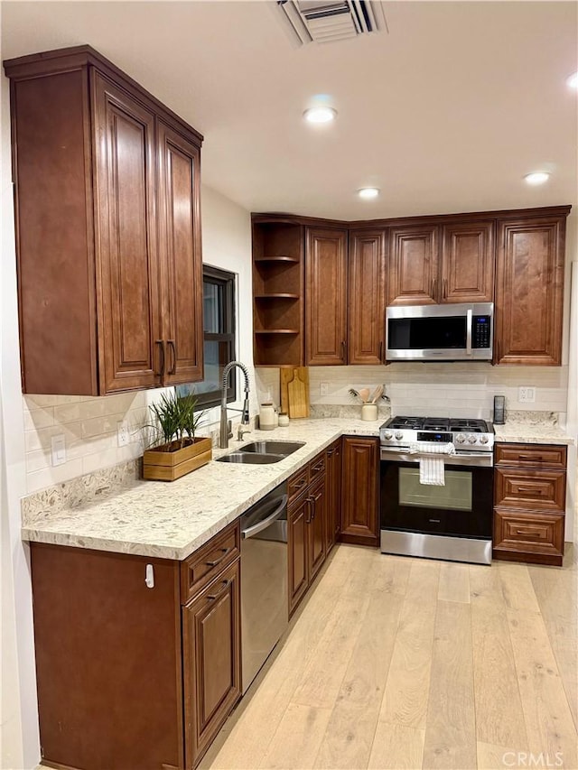 17037 Covello St, Van Nuys, CA 91406 - kitchen with appliances with stainless steel finishes, a sink, open shelves, tasteful backsplash, and light wood-style flooring