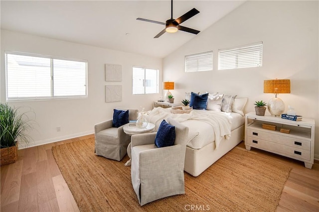2401 Vanderbilt Ln Unit B, Redondo Beach, CA 90278 - bedroom featuring wood finished floors, baseboards, high vaulted ceiling, and a ceiling fan
