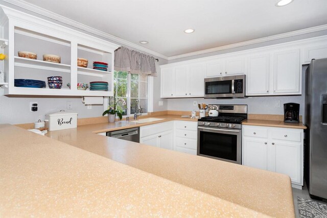 797 Trailside Pl, San Marcos, CA 92078 - kitchen with stainless steel appliances, open shelves, crown molding, white cabinetry, and light countertops
