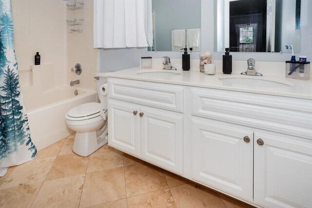 797 Trailside Pl, San Marcos, CA 92078 - bathroom featuring double vanity, shower / bath combination with curtain, and tile patterned floors