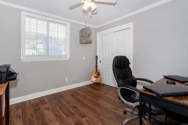 797 Trailside Pl, San Marcos, CA 92078 - home office featuring ceiling fan, wood finished floors, and ornamental molding