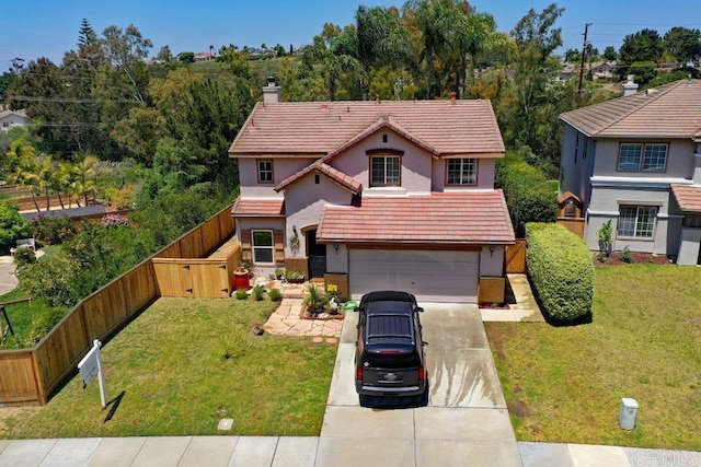 797 Trailside Pl, San Marcos, CA 92078 - view of front of house with a tile roof, concrete driveway, stucco siding, a chimney, and a garage
