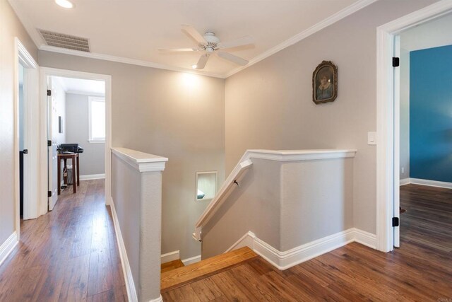 797 Trailside Pl, San Marcos, CA 92078 - hall with an upstairs landing, wood finished floors, crown molding, and recessed lighting