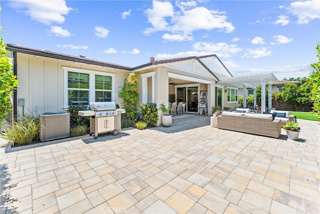 rear view of house featuring a pergola, an outdoor living space, board and batten siding, a patio, and central AC unit