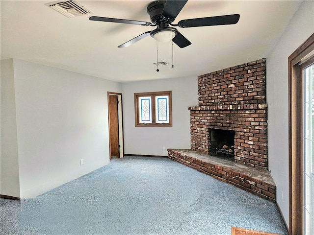6149 Whitewood Ave, Lakewood, CA 90712 - unfurnished living room with carpet, a ceiling fan, a brick fireplace, and baseboards