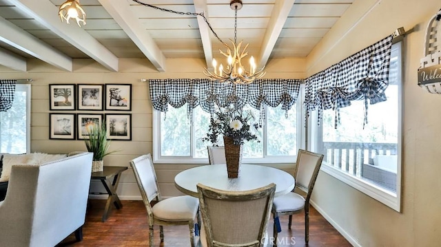 dining space featuring a chandelier, dark wood finished floors, beam ceiling, baseboards, and wood ceiling