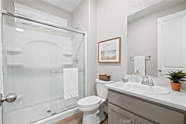 3445 Chamberlain Run, Chico, CA 95973 - bathroom featuring a shower stall, vanity, toilet, and wood finished floors