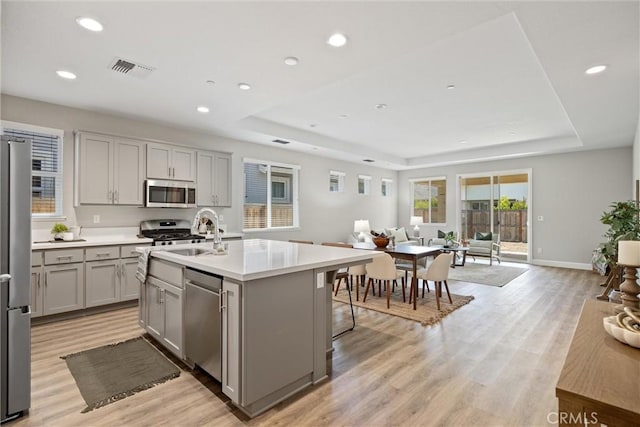 3445 Chamberlain Run, Chico, CA 95973 - kitchen with gray cabinets, stainless steel appliances, a tray ceiling, and recessed lighting