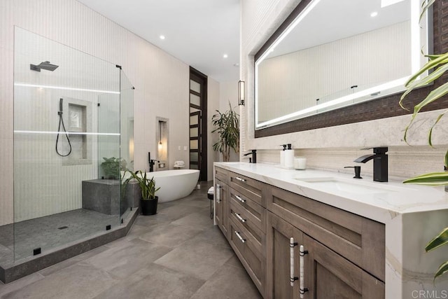 1240 Berryman Cyn, Encinitas, CA 92024 - bathroom with a shower stall, a freestanding bath, and double vanity
