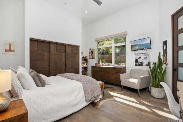 1240 Berryman Cyn, Encinitas, CA 92024 - bedroom featuring wood finished floors, a high ceiling, recessed lighting, and ceiling fan