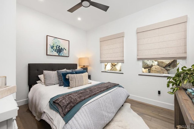 1240 Berryman Cyn, Encinitas, CA 92024 - bedroom with baseboards, wood finished floors, recessed lighting, and ceiling fan