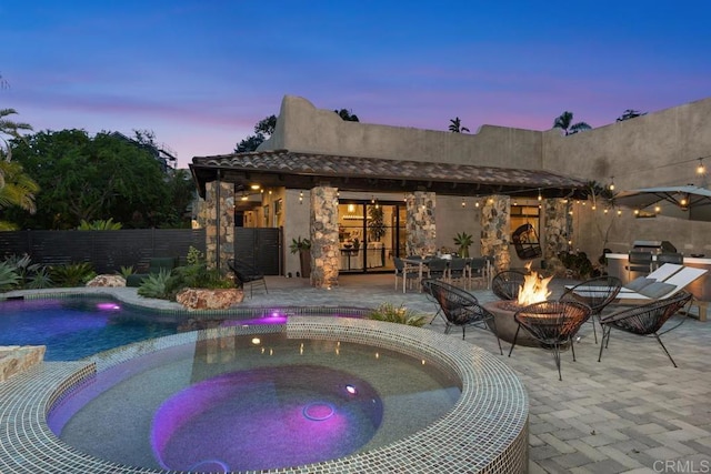 1240 Berryman Cyn, Encinitas, CA 92024 - view of pool with an outdoor fire pit, a patio area, fence, and a pool with connected hot tub