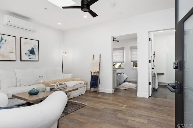 1240 Berryman Cyn, Encinitas, CA 92024 - living area featuring a ceiling fan, a wall unit AC, wood finished floors, recessed lighting, and baseboards