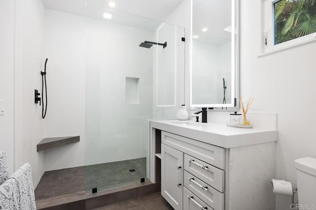 1240 Berryman Cyn, Encinitas, CA 92024 - bathroom featuring a walk in shower, toilet, vanity, and recessed lighting