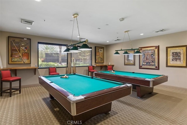 recreation room with carpet, billiards table, baseboards, and recessed lighting