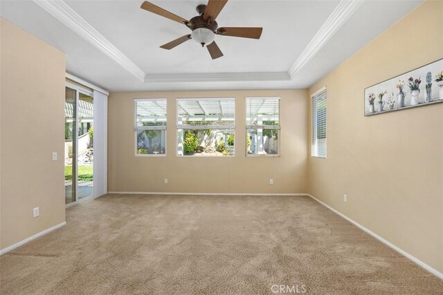 empty room with a tray ceiling, carpet, a ceiling fan, and ornamental molding