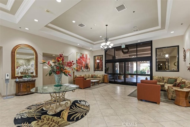 building lobby featuring crown molding, recessed lighting, and a high ceiling