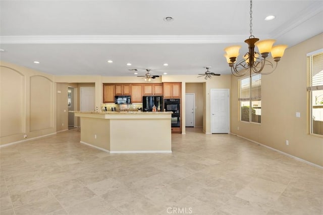 kitchen with black appliances, crown molding, a chandelier, ceiling fan, and baseboards
