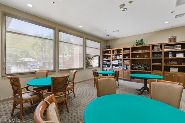 game room featuring carpet, baseboards, and recessed lighting