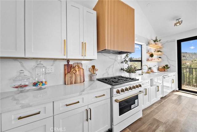 791 Cypress Rd, Lake Arrowhead, CA 92321 - kitchen featuring high end stove, dishwasher, vaulted ceiling, white cabinets, and tasteful backsplash