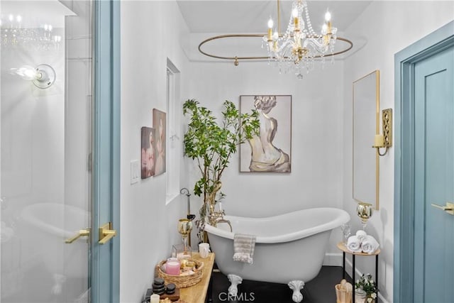 791 Cypress Rd, Lake Arrowhead, CA 92321 - bathroom with a chandelier, a shower stall, and a soaking tub