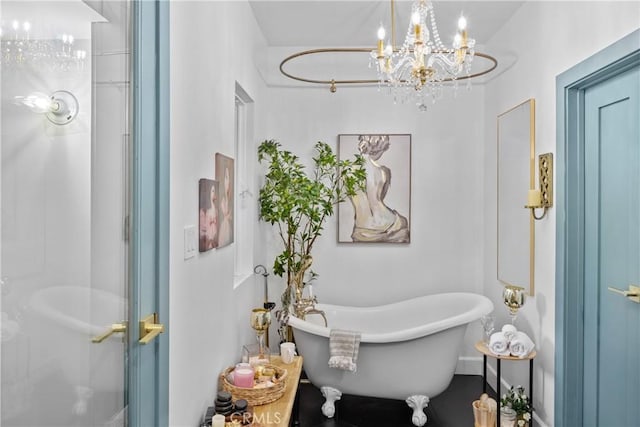 791 Cypress Rd, Cedar Glen, CA 92321 - full bathroom with a chandelier, a freestanding bath, and a shower with door