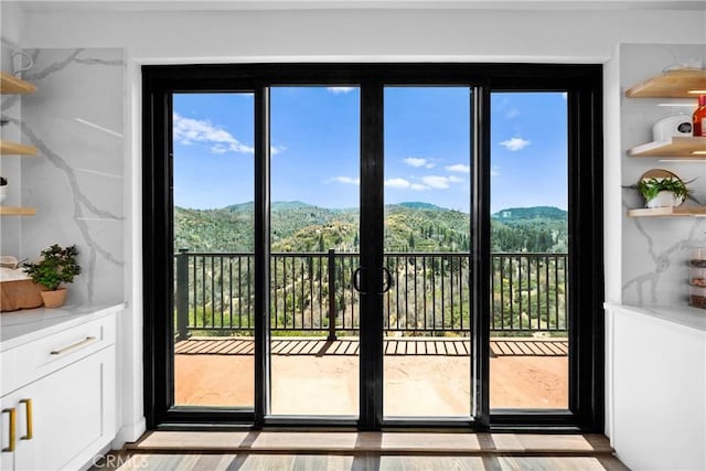 791 Cypress Rd, Lake Arrowhead, CA 92321 - doorway to outside featuring a mountain view and healthy amount of natural light