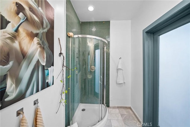 791 Cypress Rd, Lake Arrowhead, CA 92321 - full bath with a shower stall, marble finish floors, baseboards, and recessed lighting