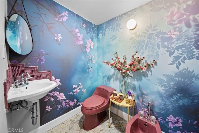 791 Cypress Rd, Lake Arrowhead, CA 92321 - bathroom featuring wallpapered walls, baseboards, toilet, and a bidet