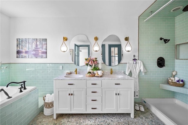 791 Cypress Rd, Lake Arrowhead, CA 92321 - full bathroom featuring tile walls, tiled shower, tile patterned flooring, a relaxing tiled tub, and double vanity