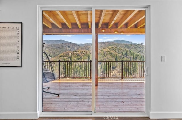 791 Cypress Rd, Lake Arrowhead, CA 92321 - doorway with baseboards, a mountain view, and wood finished floors